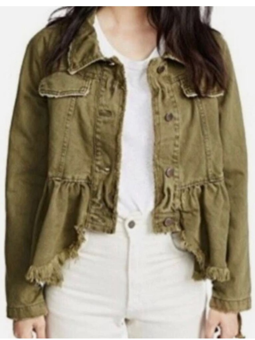 Free People Olive Green Distressed Peplum Jacket